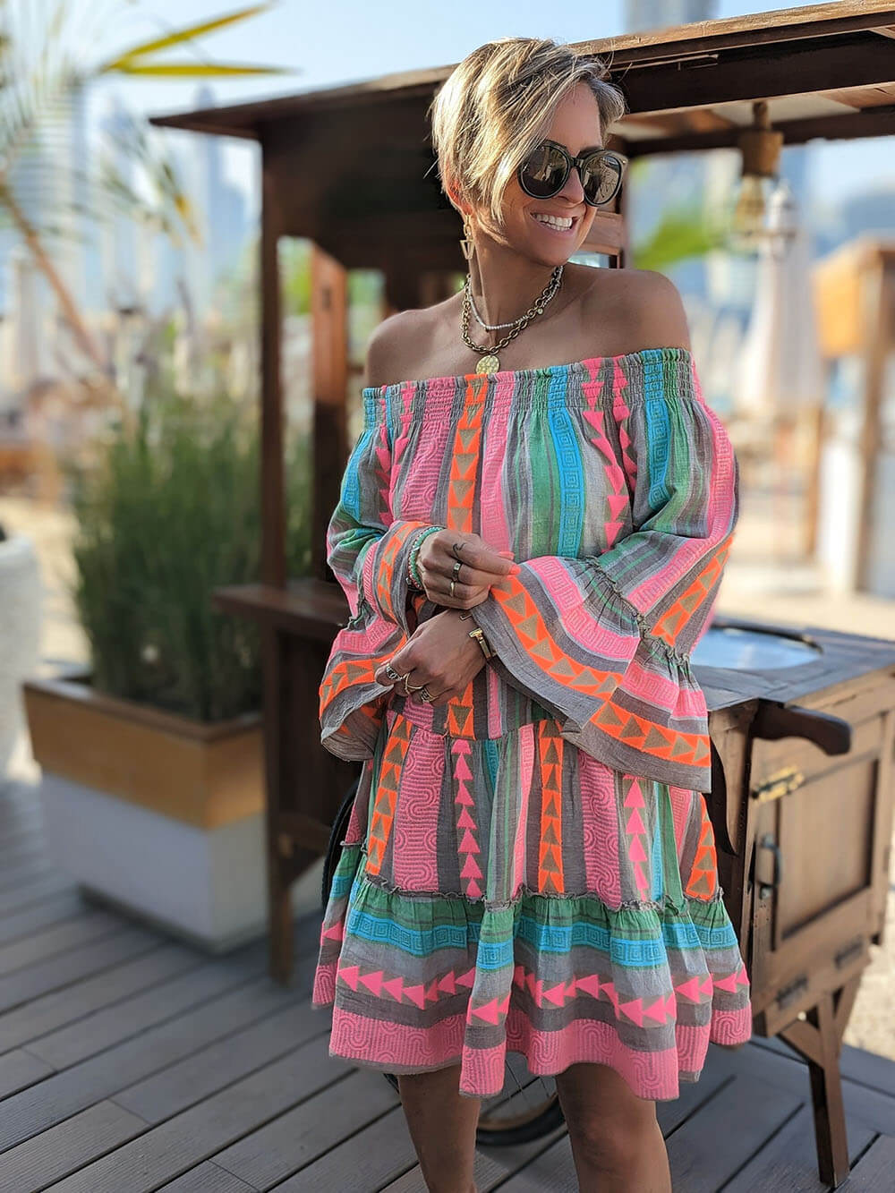Joyce Boho Off-Shoulder Mini Dress