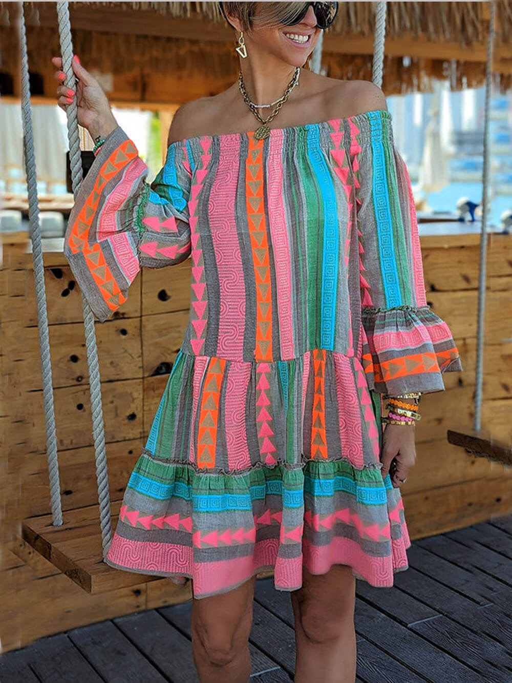 Off-Shoulder Ethnic Print Linen-Blend Mini Dress
