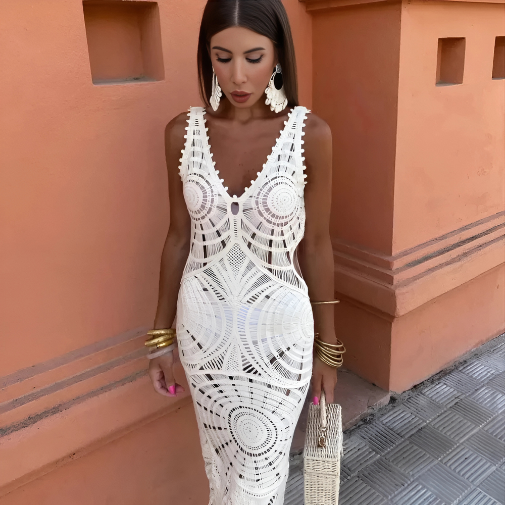 Abigail White Crochet Boho Midi Dress