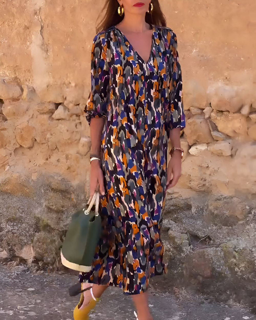 Nathalie V-Neck Retro Print Dress