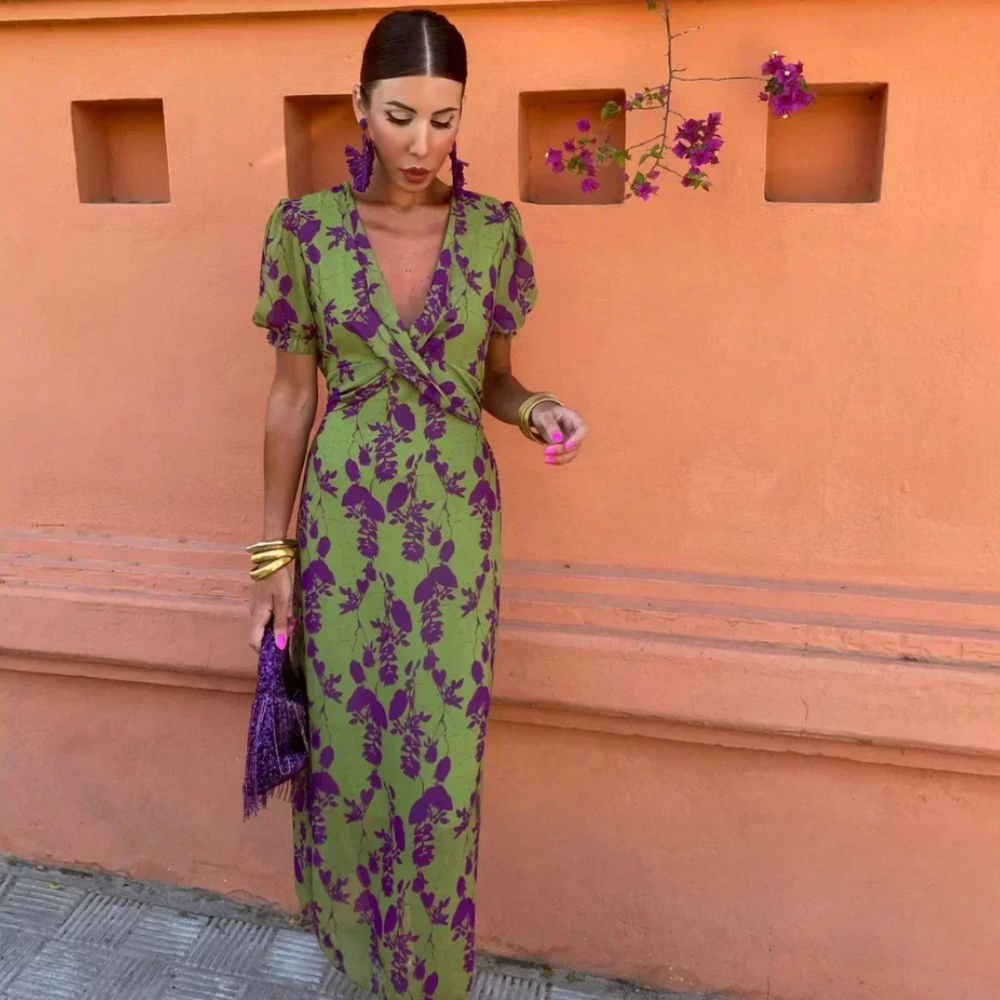 Zoé Printed Midi V-Neck Dress
