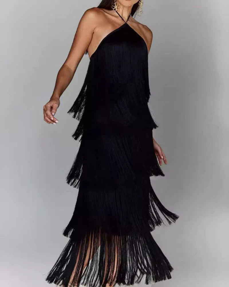 Adena Tassel-Trim Halter Maxi Dress