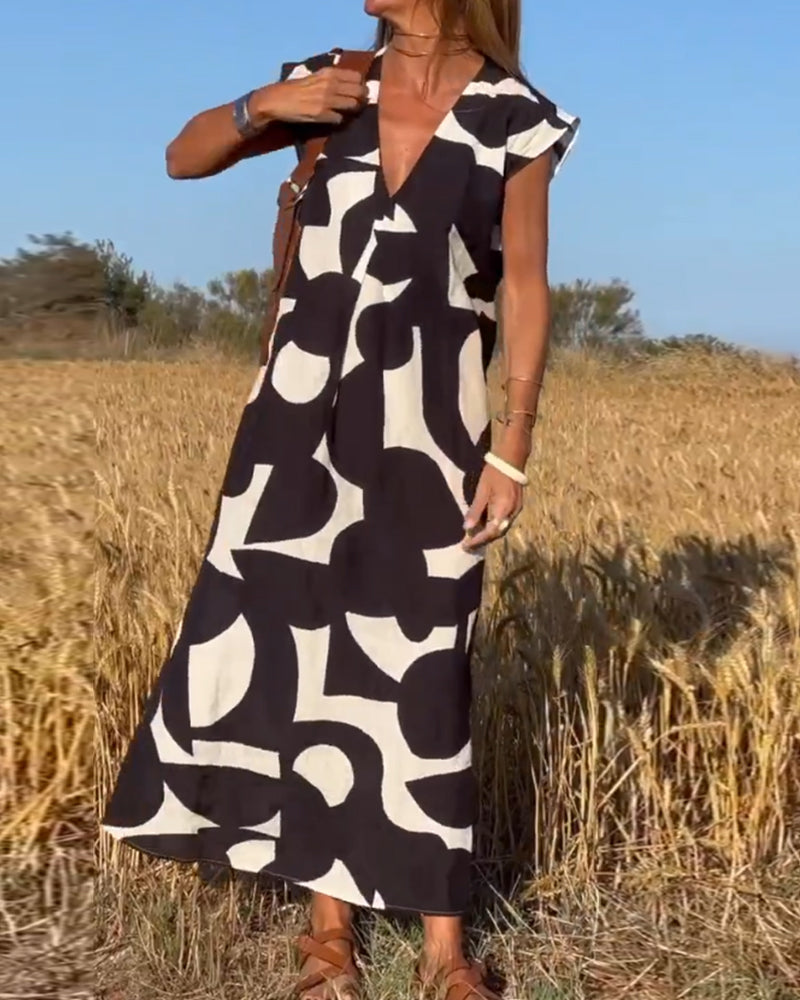 Sophia Printed V-Neck Short Sleeve Casual Midi Dress