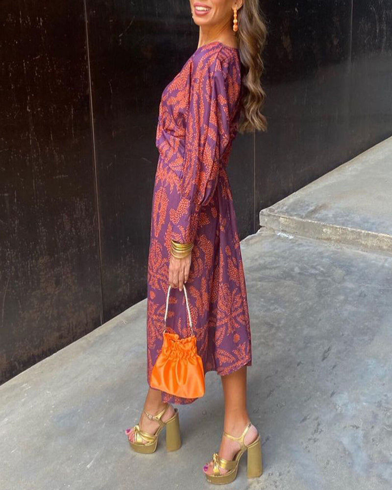 Janella Vintage Draped Midi Dress with Long Sleeves
