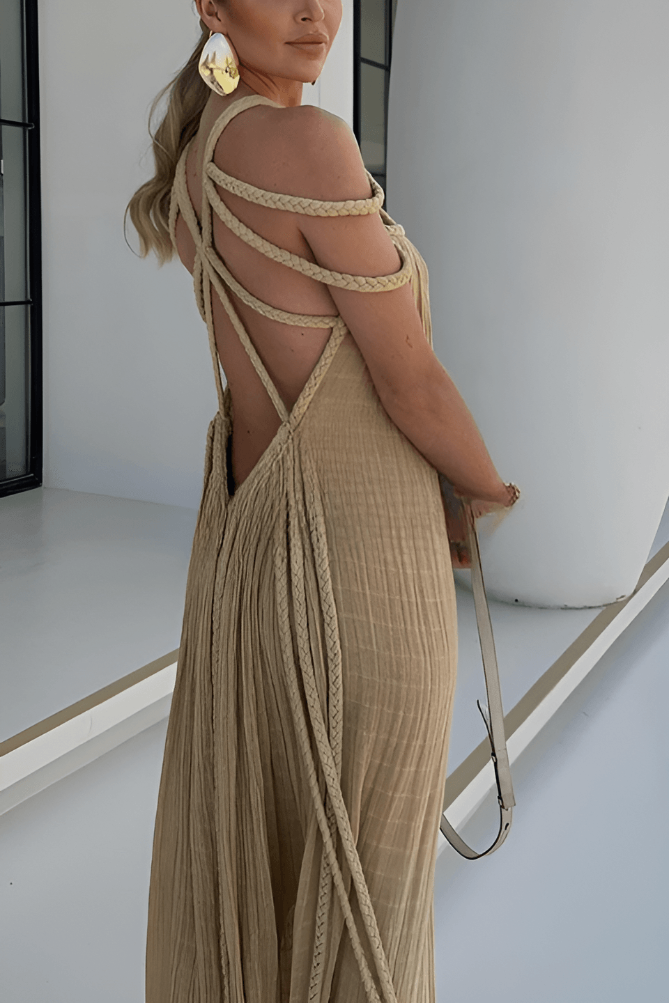 Pleated Maxi Dress with Cord-Detail Neckline