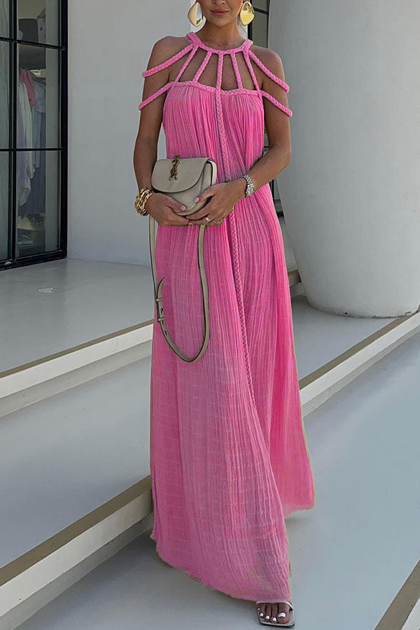 Pleated Maxi Dress with Cord-Detail Neckline