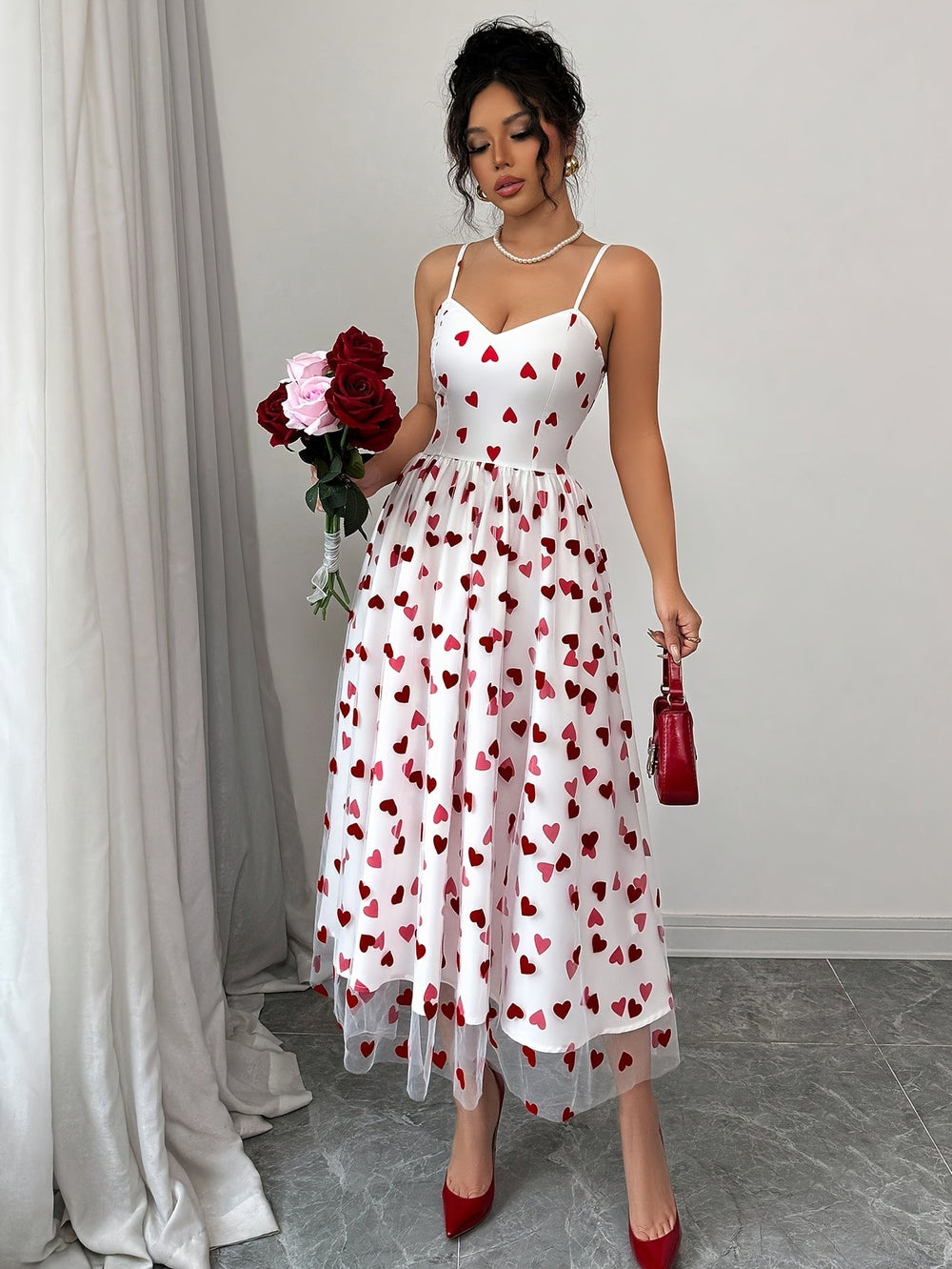 Amora Heart-Print Chiffon Slip Dress for Date Nights