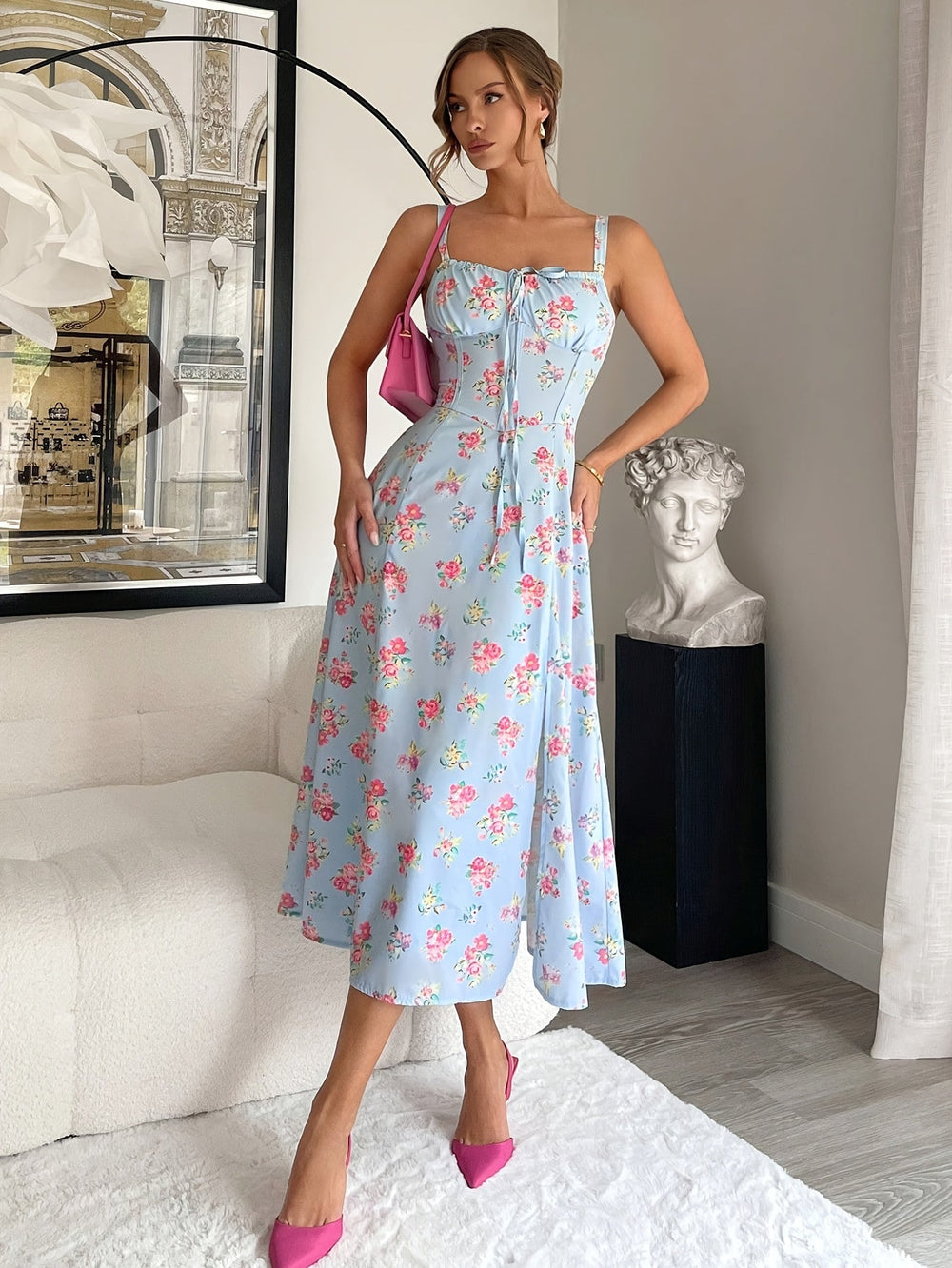 Luna Bloom Midi Dress With Open Back