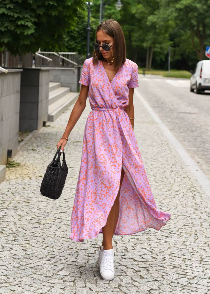 Elianne Floral Wrap Summer Dress with V-Neck and Side Slit