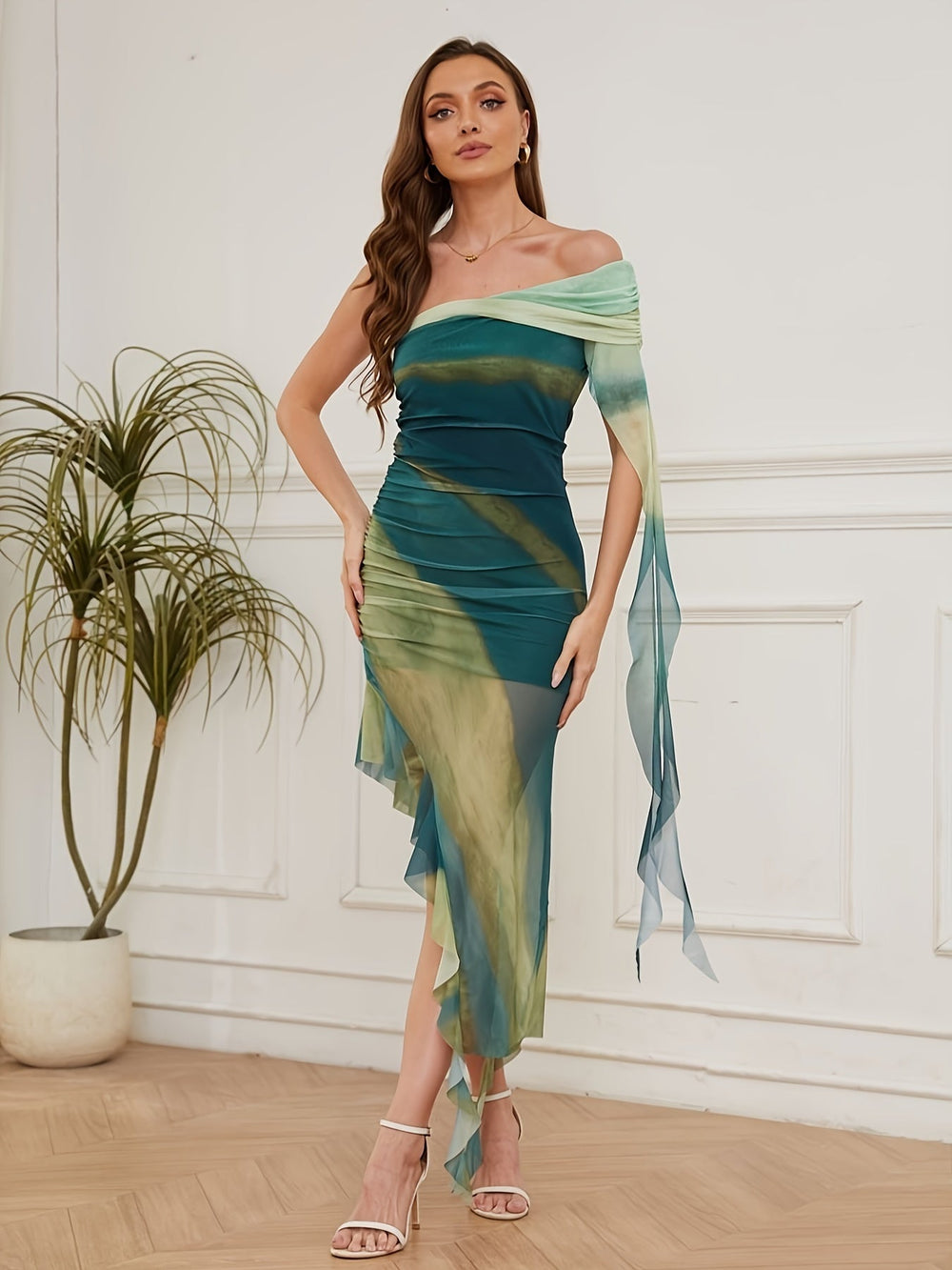 Aurelia Off-Shoulder Ruffle Mesh Dress