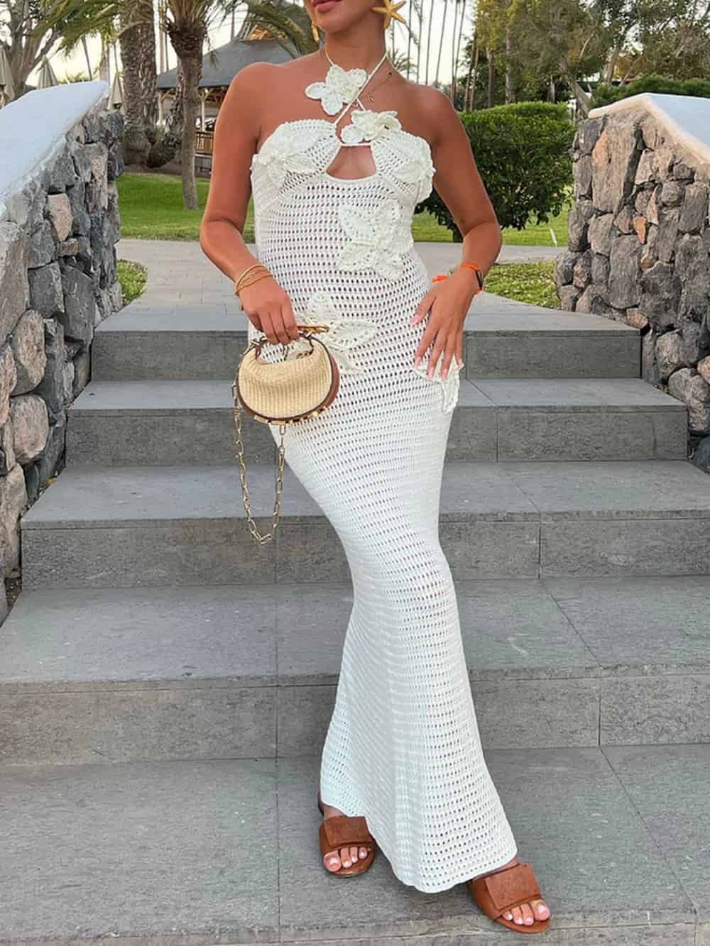 Gabriela 3D Floral Crochet Halter Neck Maxi Dress for Summer