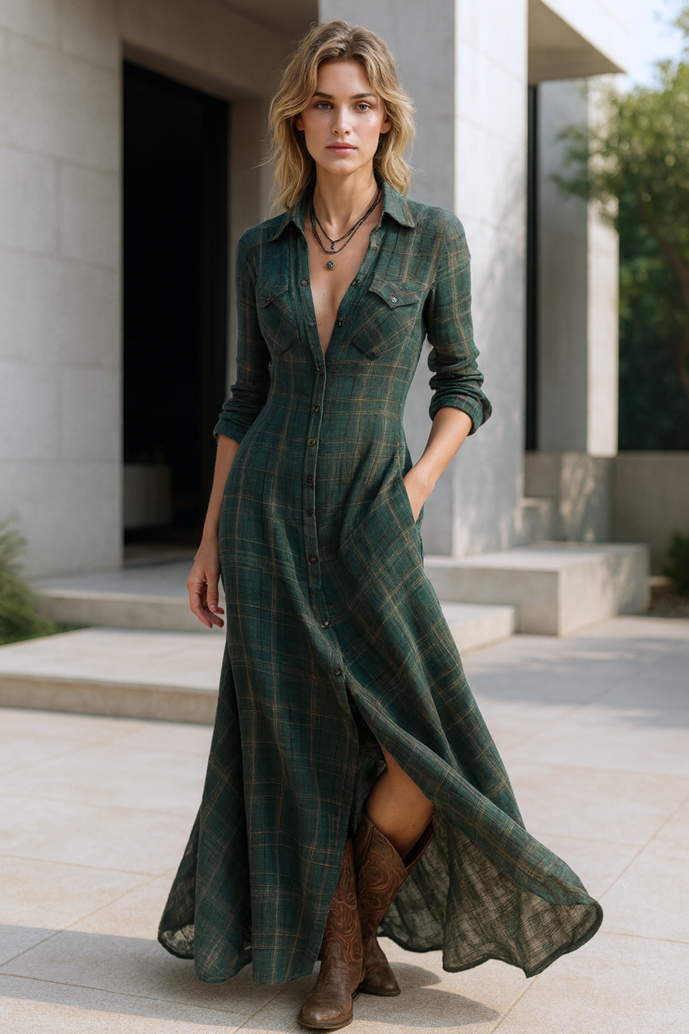 Solene Plaid Button-Down Maxi Shirt Dress Stylish Dress