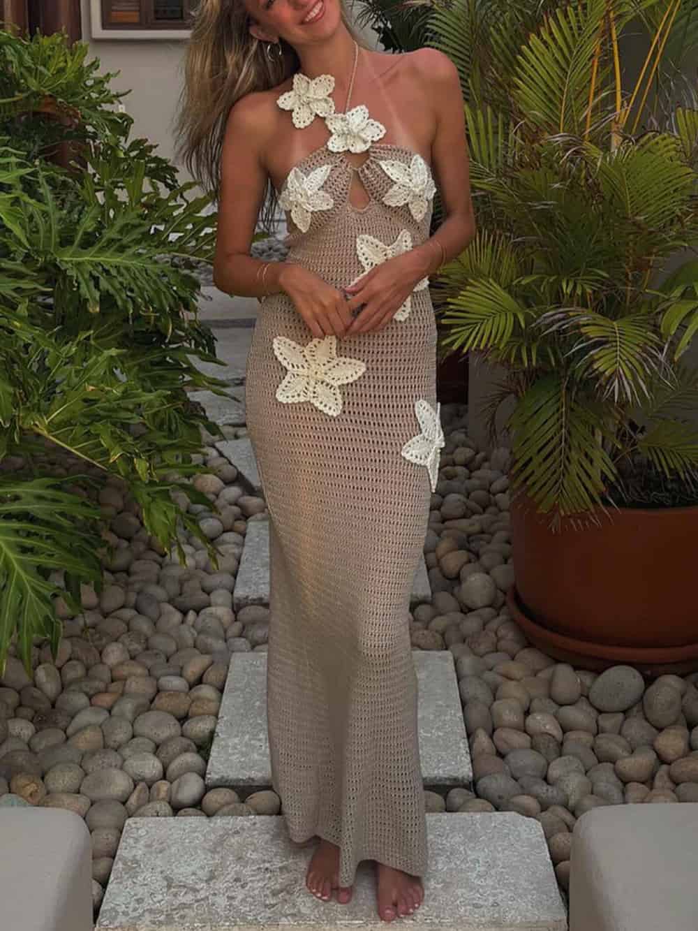 Gabriela 3D Floral Crochet Halter Neck Maxi Dress for Summer