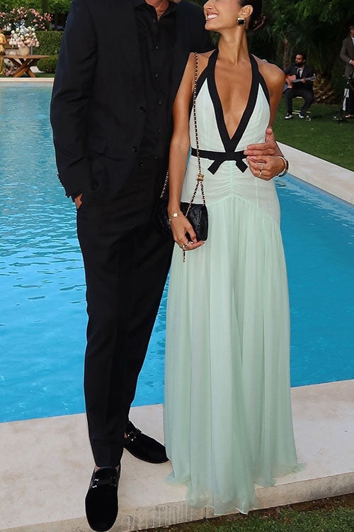 Avanelle Color Block Halter Bow Maxi Dress