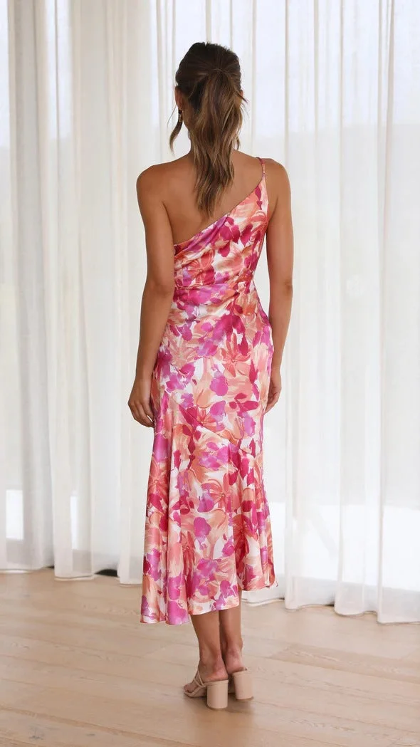 Asymmetric Floral Satin Ruched Dress