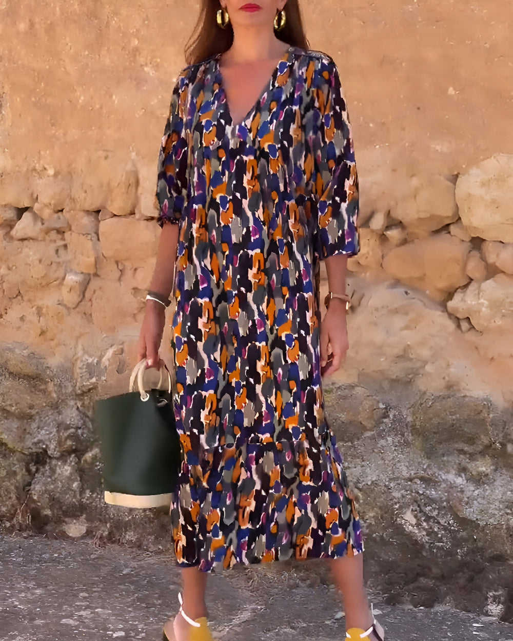 Nathalie Retro Print V-Neck Dress