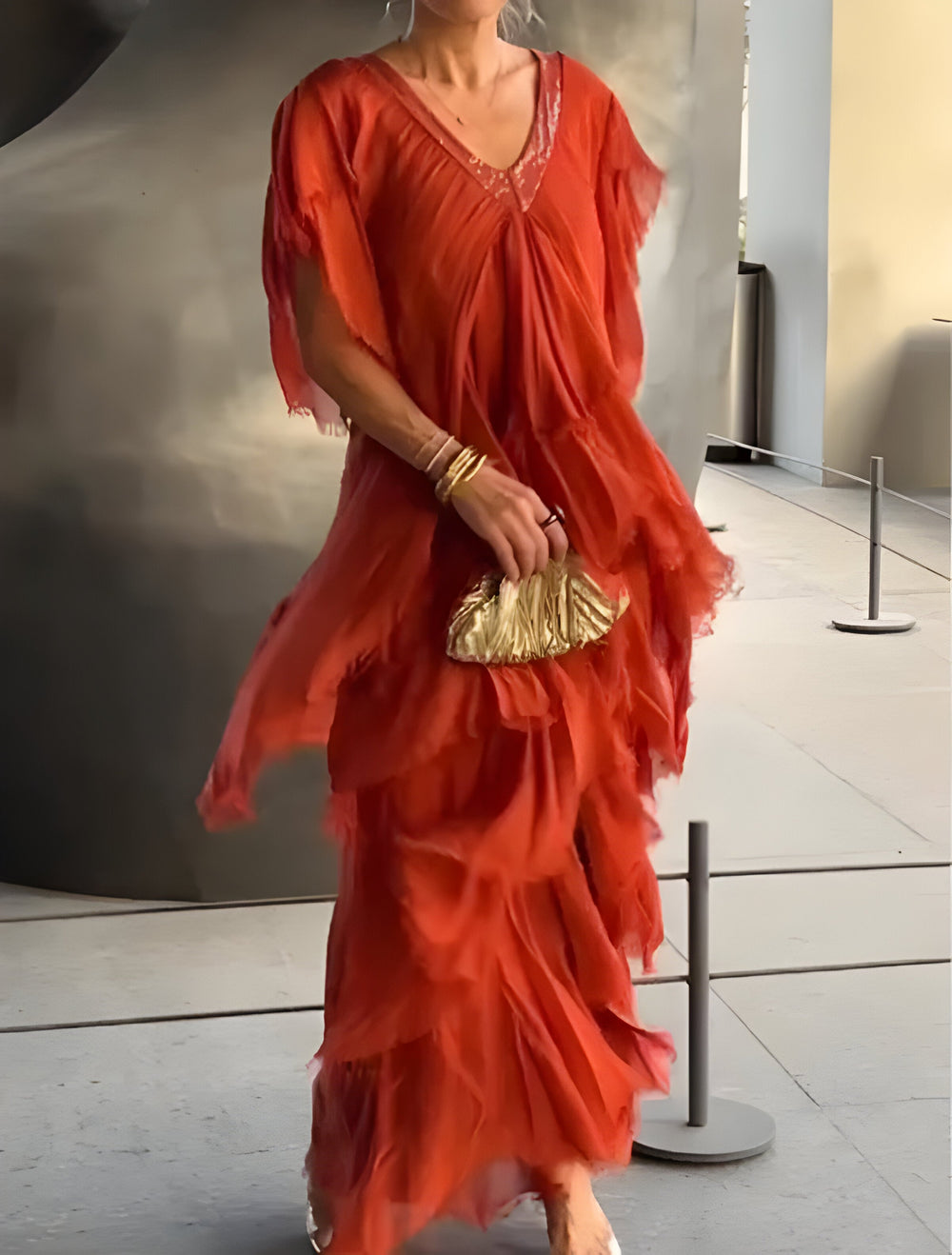 Pleated V-Neck Maxi