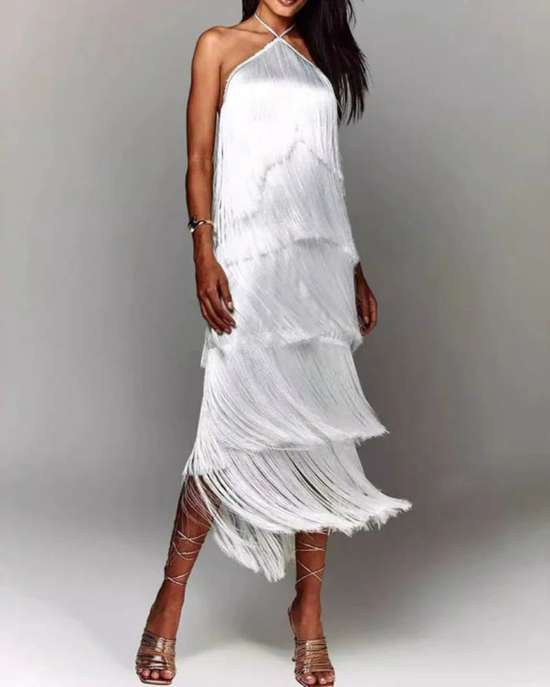 Adena Tassel-Trim Halter Maxi Dress