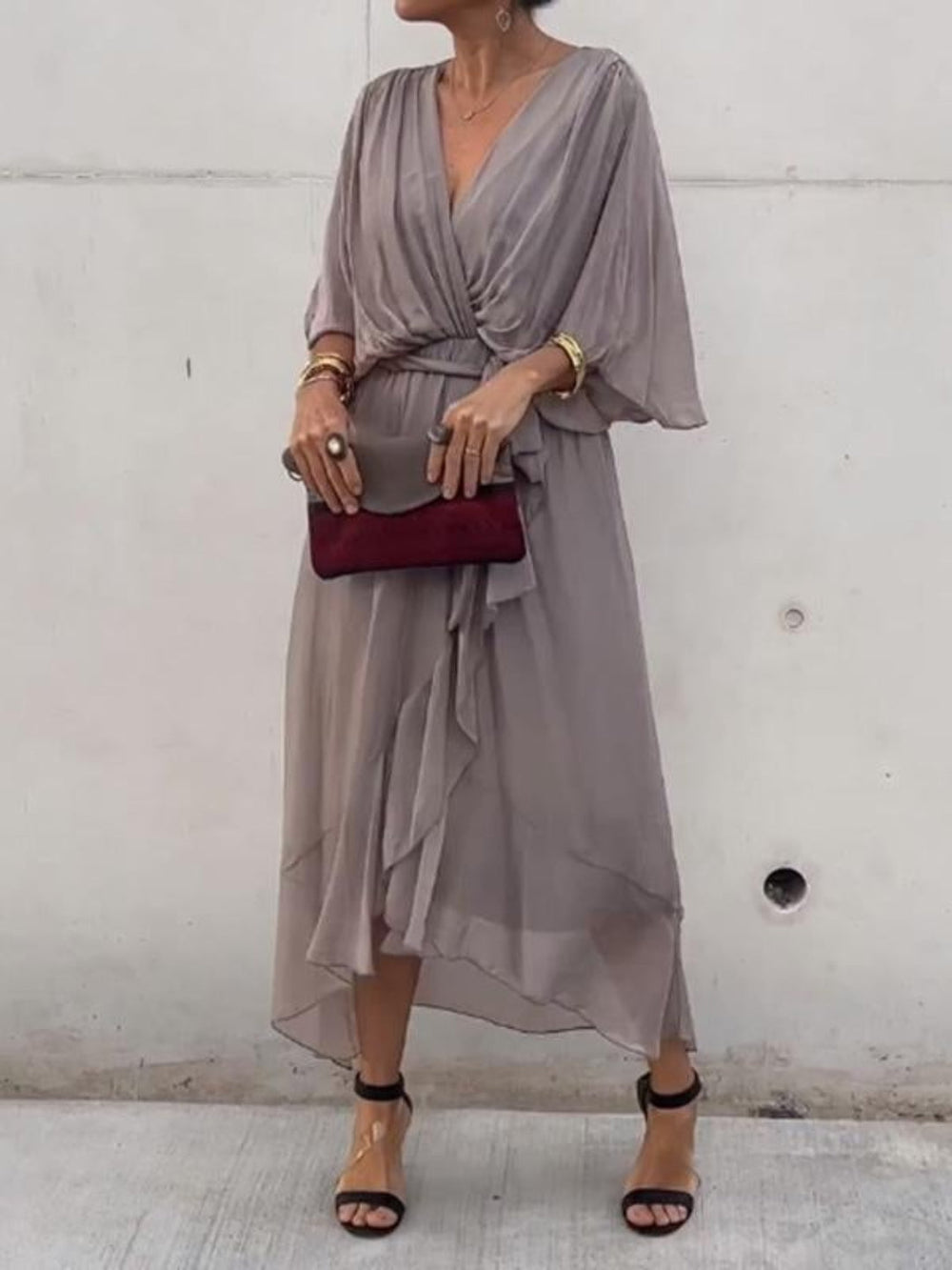Taylor Stylish Elegant V-Neck Chiffon Dress with 3/4 Sleeves