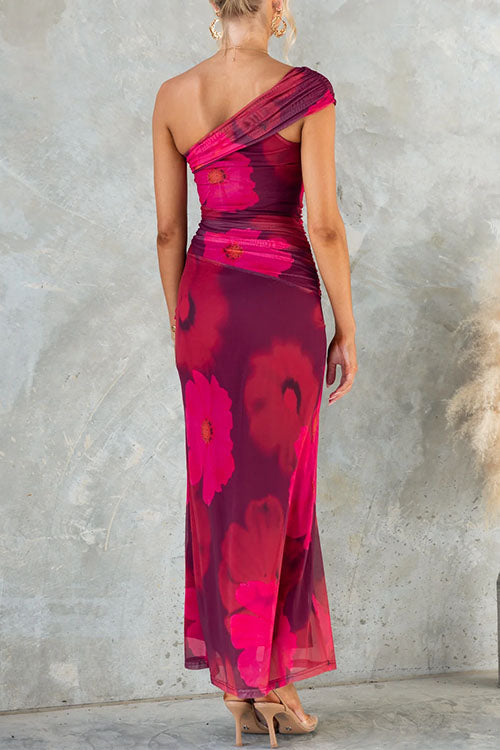 Schulterfreies Maxikleid with Blumenmuster aus Mesh im Bodycon-Stil