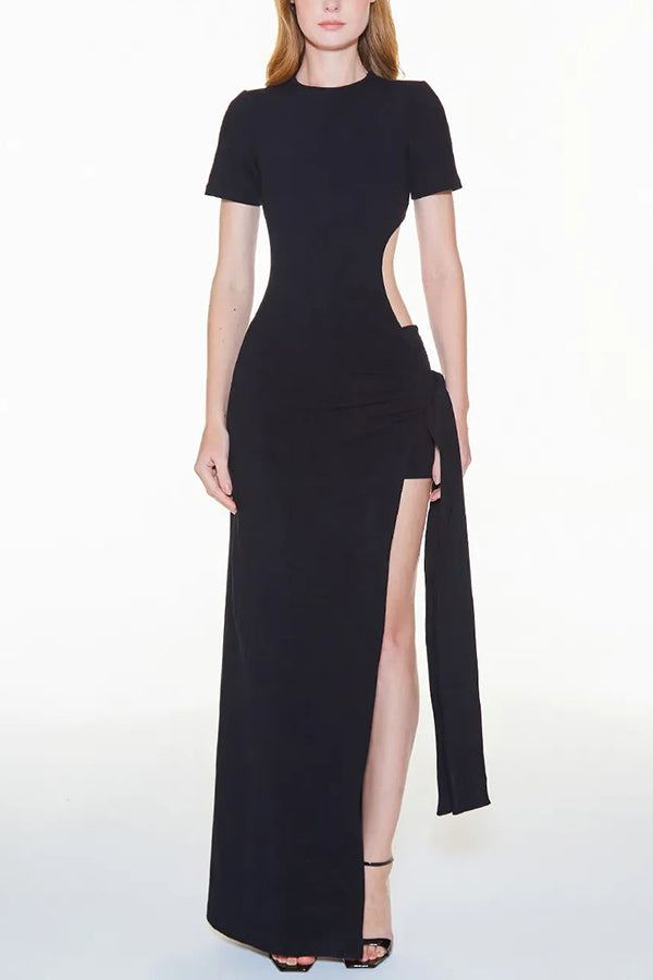 Long Ribbed Dress with Slit and Side Bow
