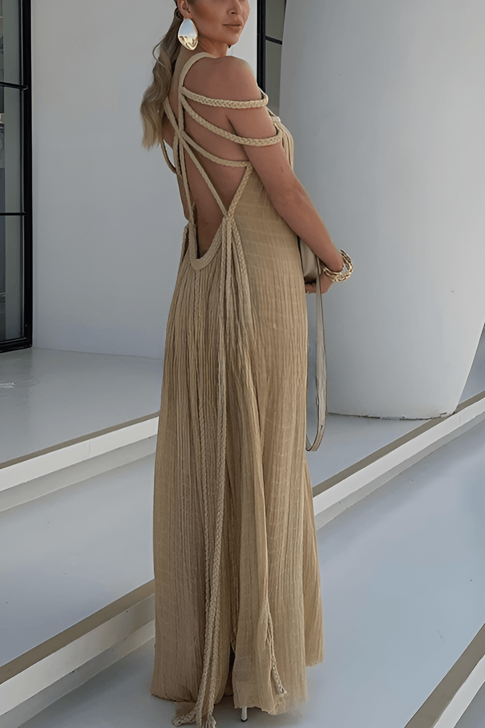 Pleated Maxi Dress with Cord-Detail Neckline