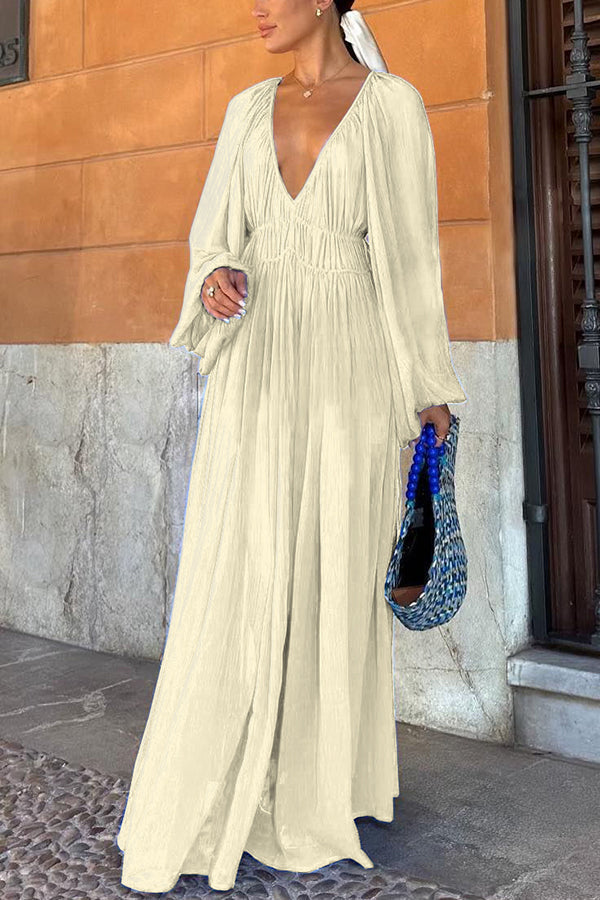 Long Blue Puff Sleeve Dress with Ruched Waist
