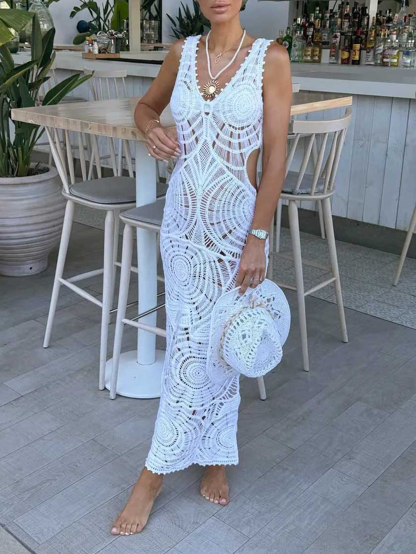 Cutout V-Neck Fitted Midi Beach Dress for Sunny Getaways