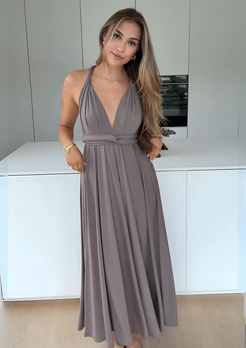 Nyxara Convertible Multi-Way Elegant Maxi Dress - Taupe