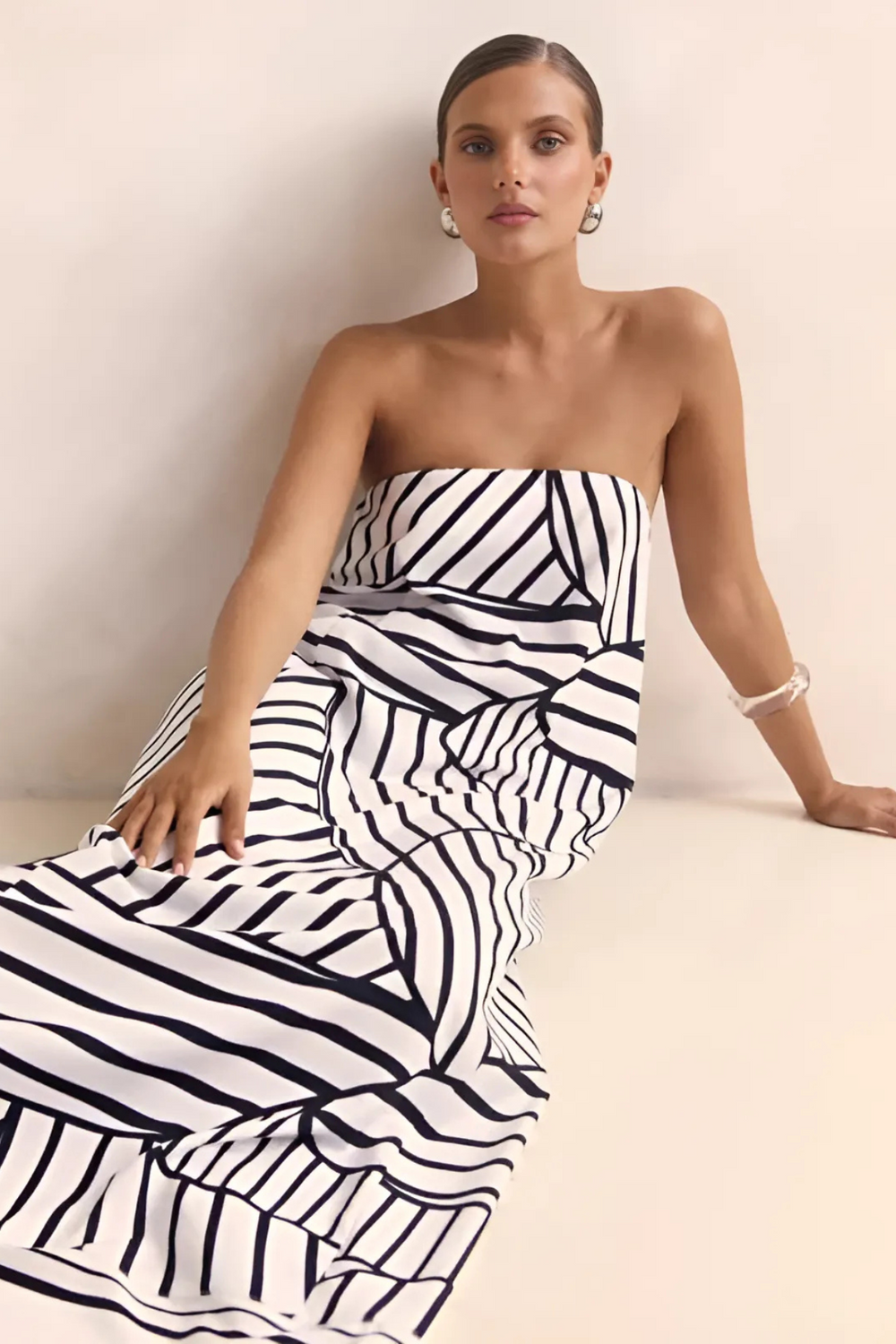 Arya Off-Shoulder Maxi Dress | Black Stripes