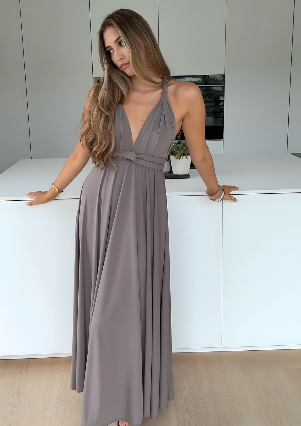 Nyxara Convertible Multi-Way Elegant Maxi Dress - Taupe