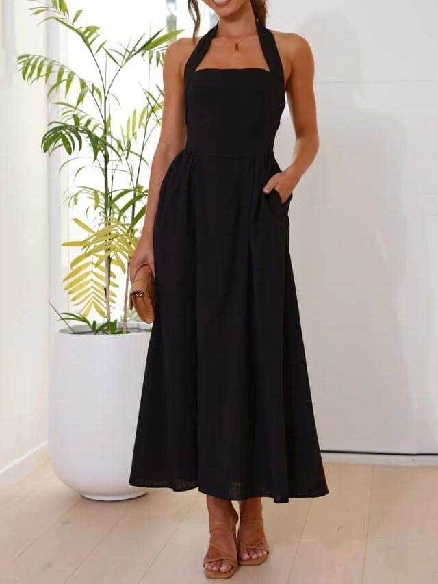 Tailliertes Black Halter Midi Dress
