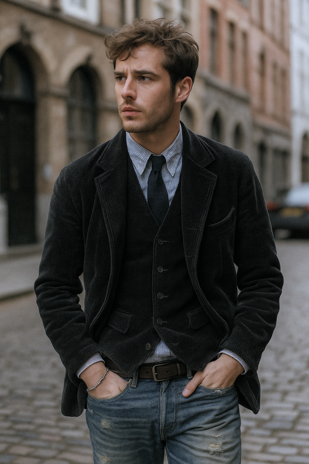 Jory Vintage Vest & Jacket Set Black