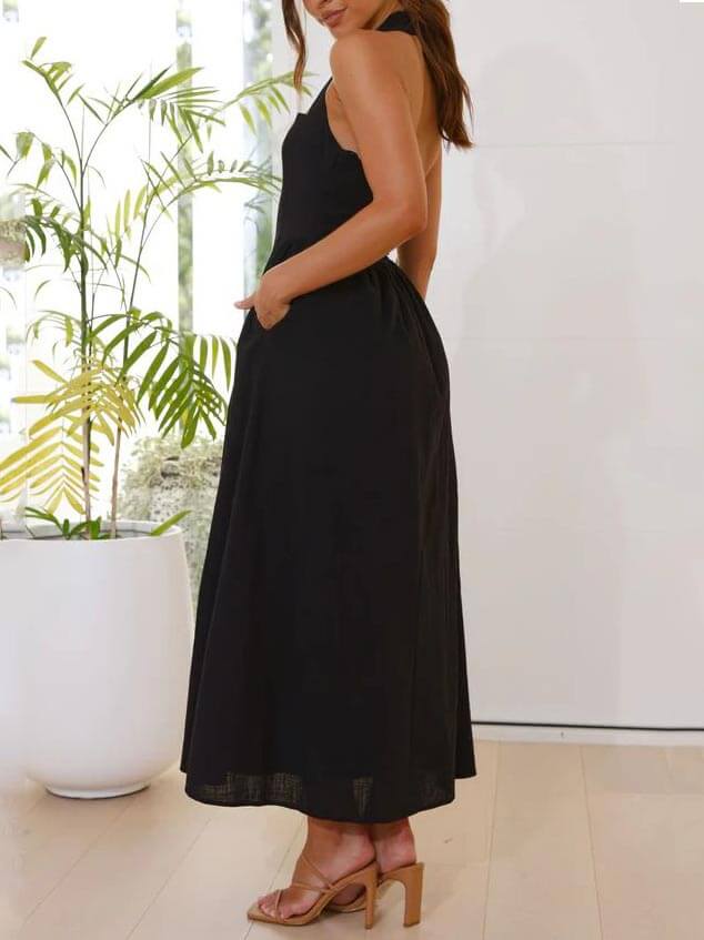 Tailliertes Black Halter Midi Dress