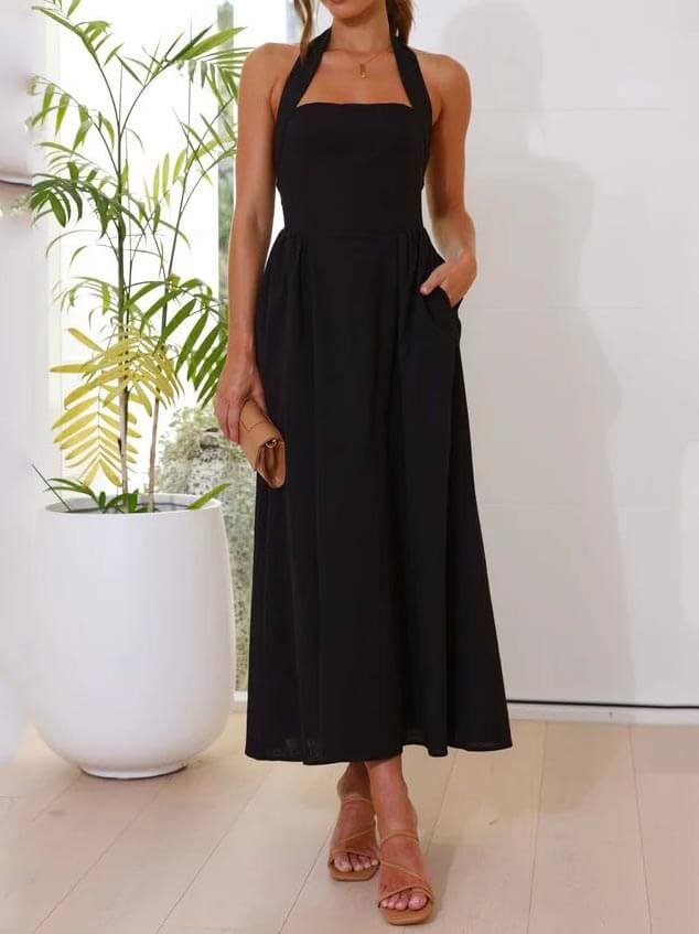 Tailliertes Black Halter Midi Dress