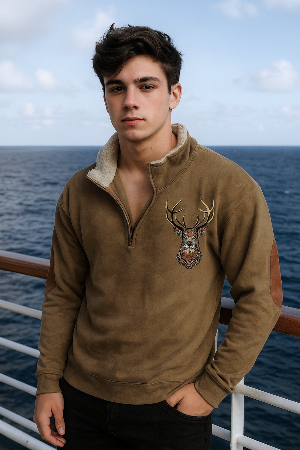 Kristoff Brown Fleece-Lined Sweater with Deer Detail