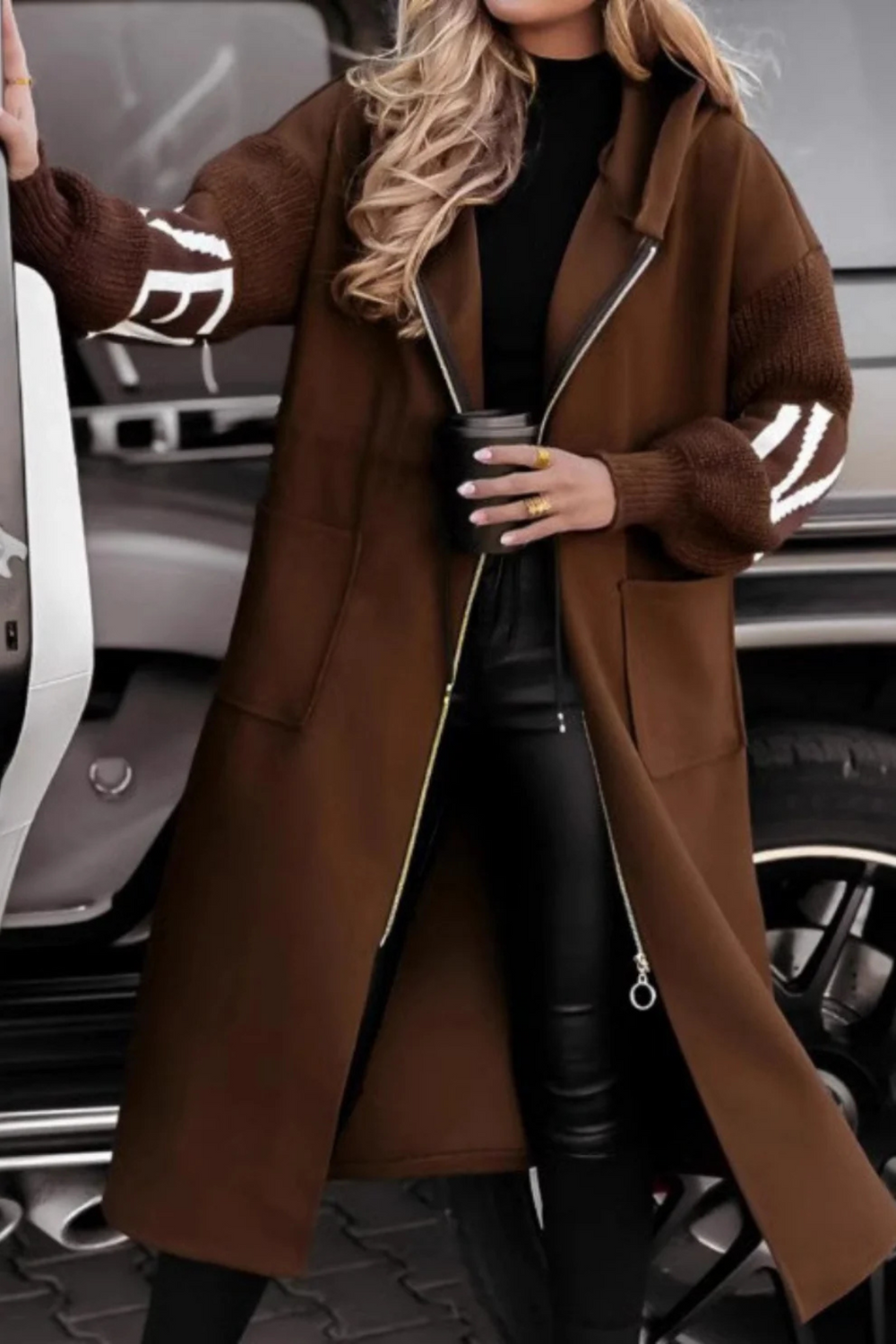 Amelia Knit-Sleeve Hoodie Jacket Brown