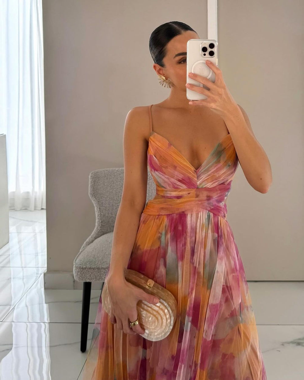Elegant Long Print Dress with Adjustable Tie Detail