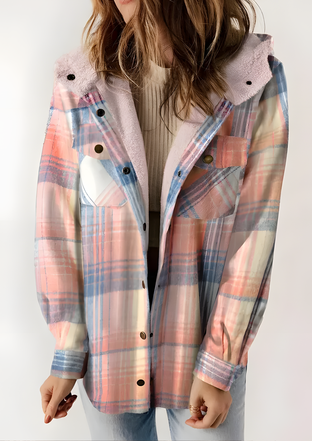 Yseldis Cozy Warm Plaid Fleece-Lined Jacket - Pink