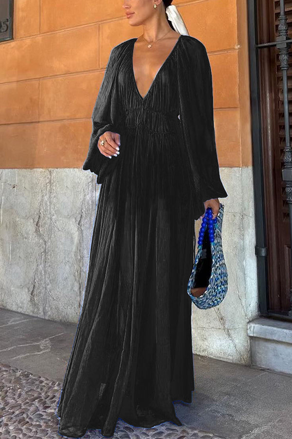 Long Blue Puff Sleeve Dress with Ruched Waist