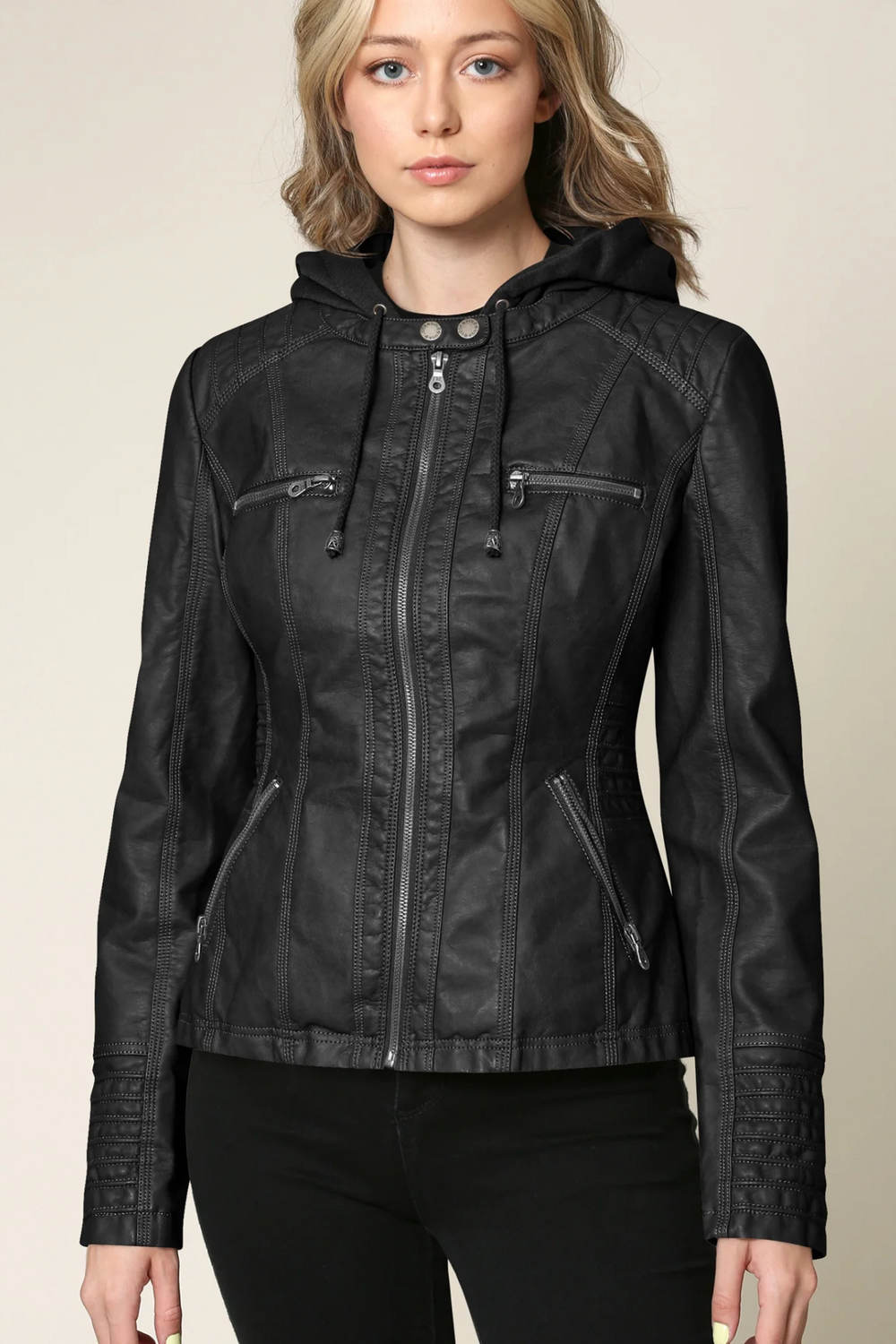 Eva Weather-Resistant Hooded Leather Jacket Schwarz