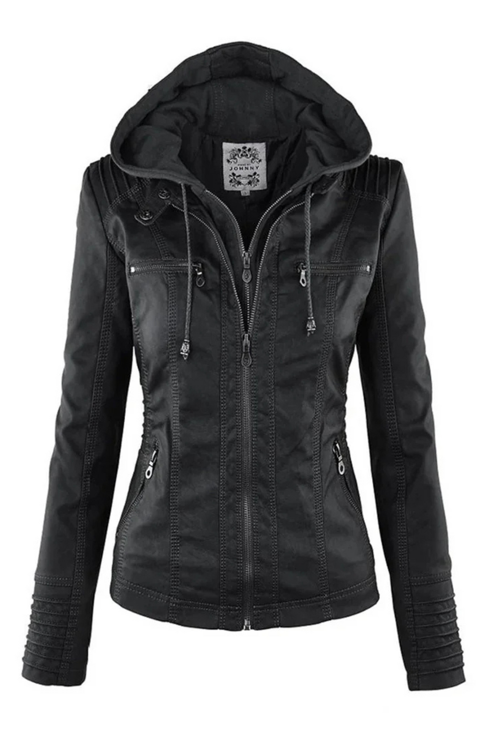 Eva Weather-Resistant Hooded Leather Jacket Schwarz
