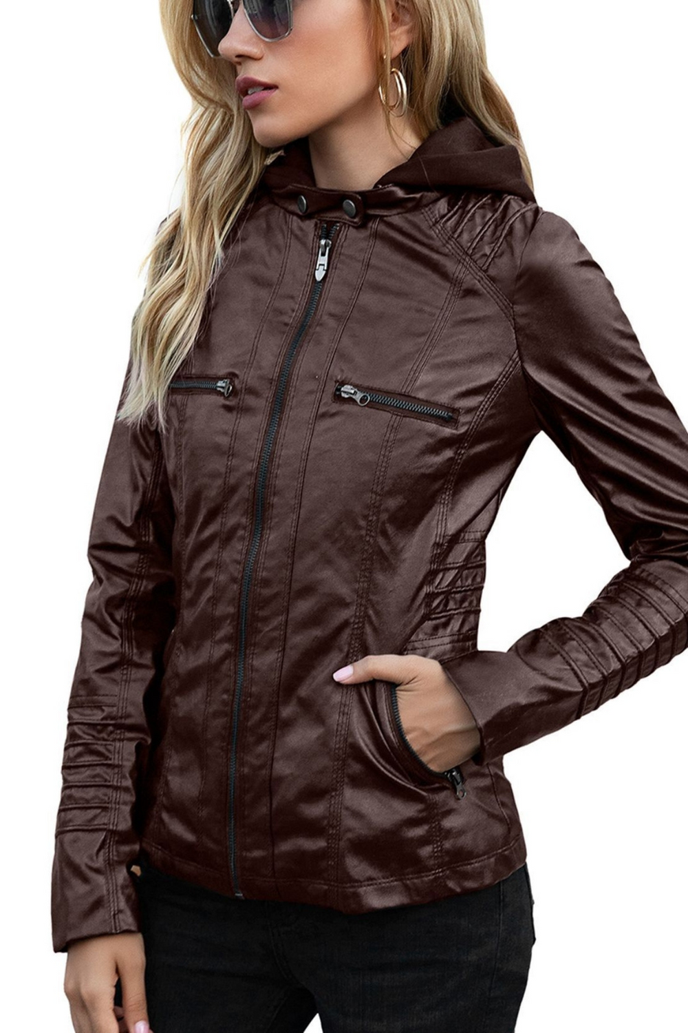 Eva Weather-Resistant Hooded Leather Jacket Braun