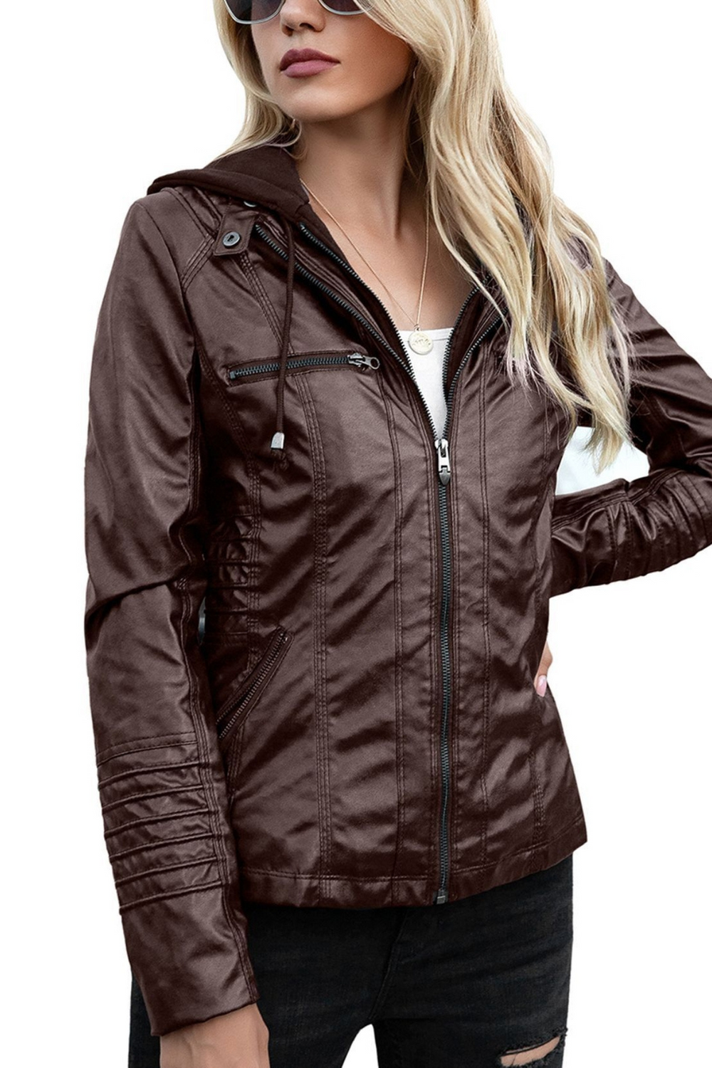 Eva Weather-Resistant Hooded Leather Jacket Braun