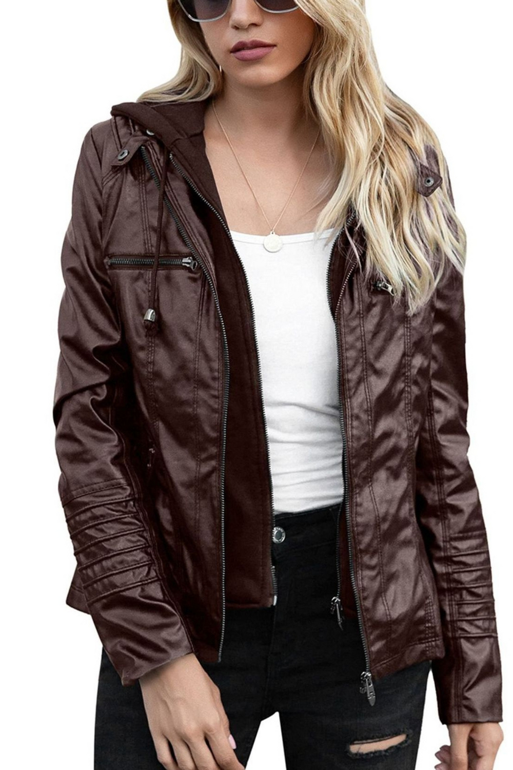 Eva Weather-Resistant Hooded Leather Jacket Braun