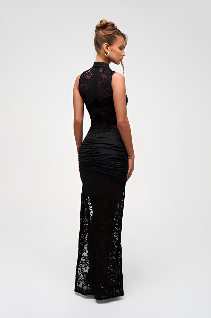 Talina High-Slit Lace Maxi Dress with Gold Accents