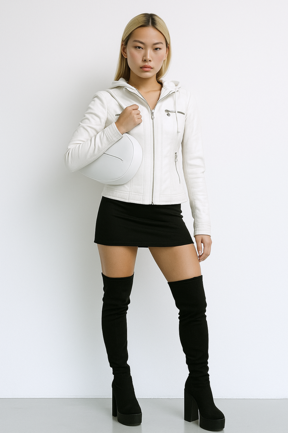 Eva Weatherproof Hooded Faux-Leather Jacket in White
