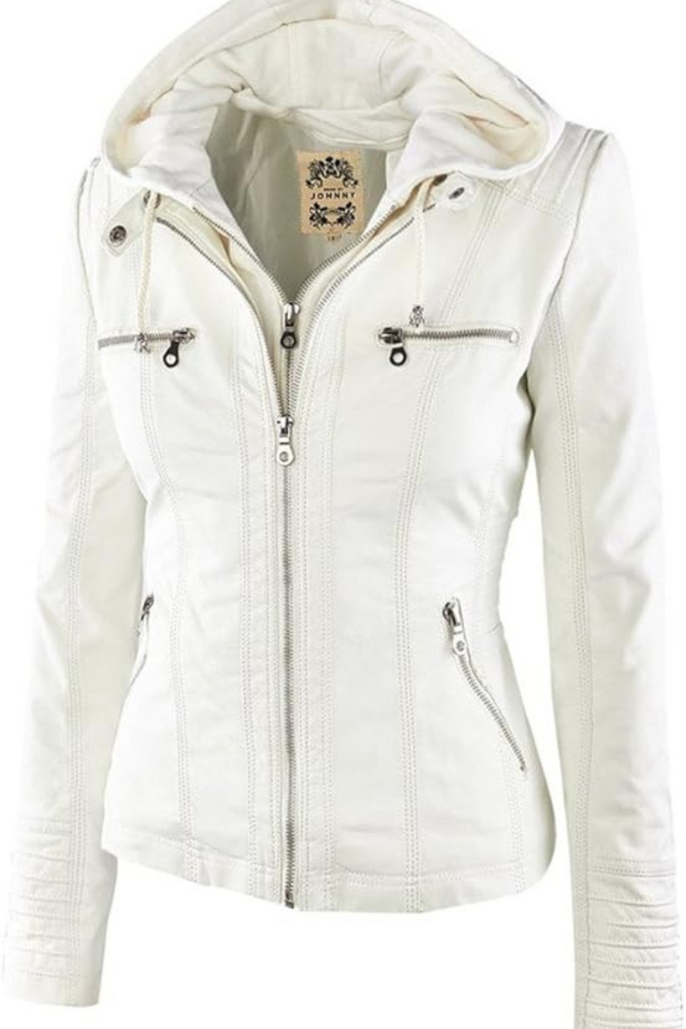 Eva Weatherproof Hooded Faux-Leather Jacket in White