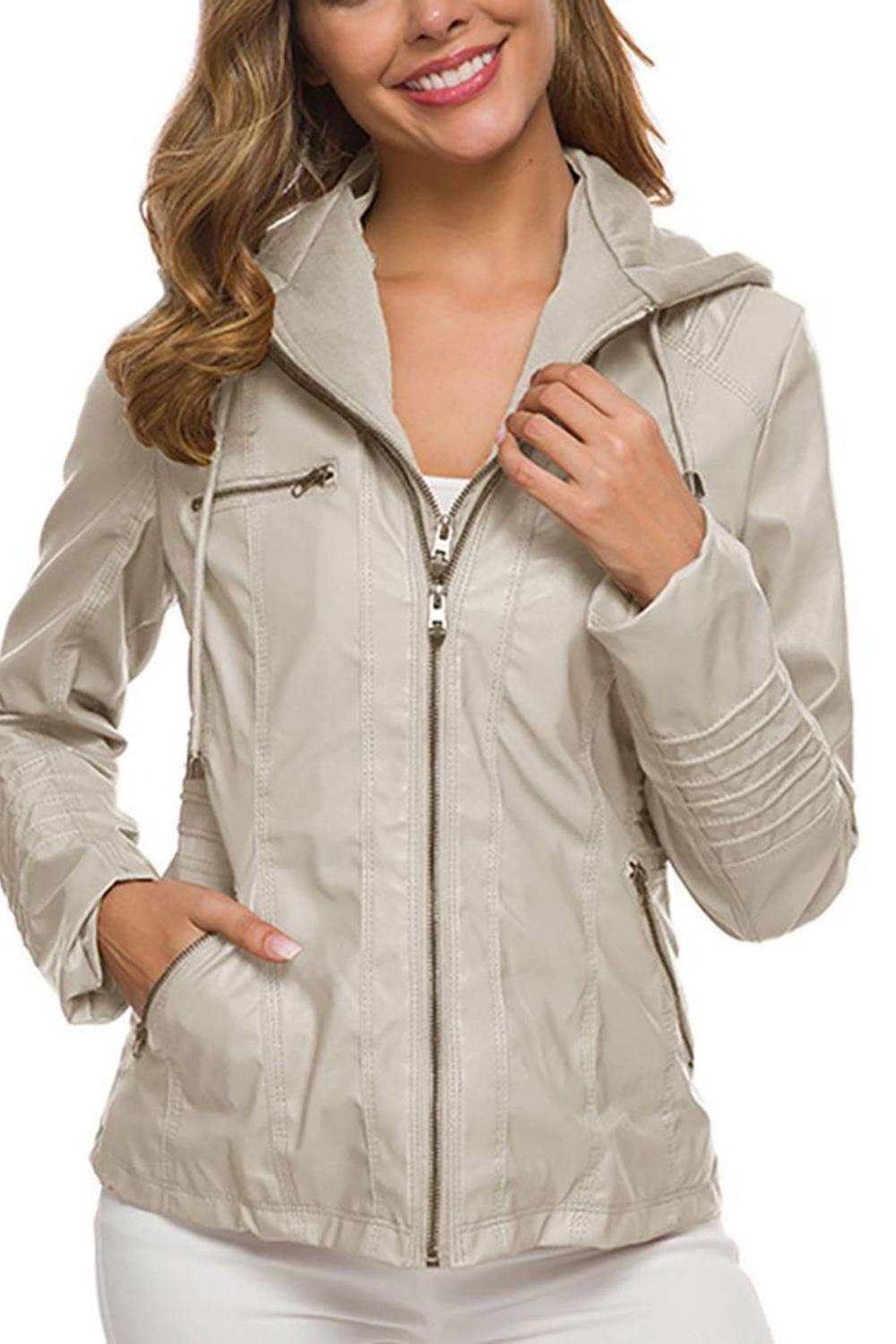 Eva Weather-Resistant Hooded Leather Jacket Beige