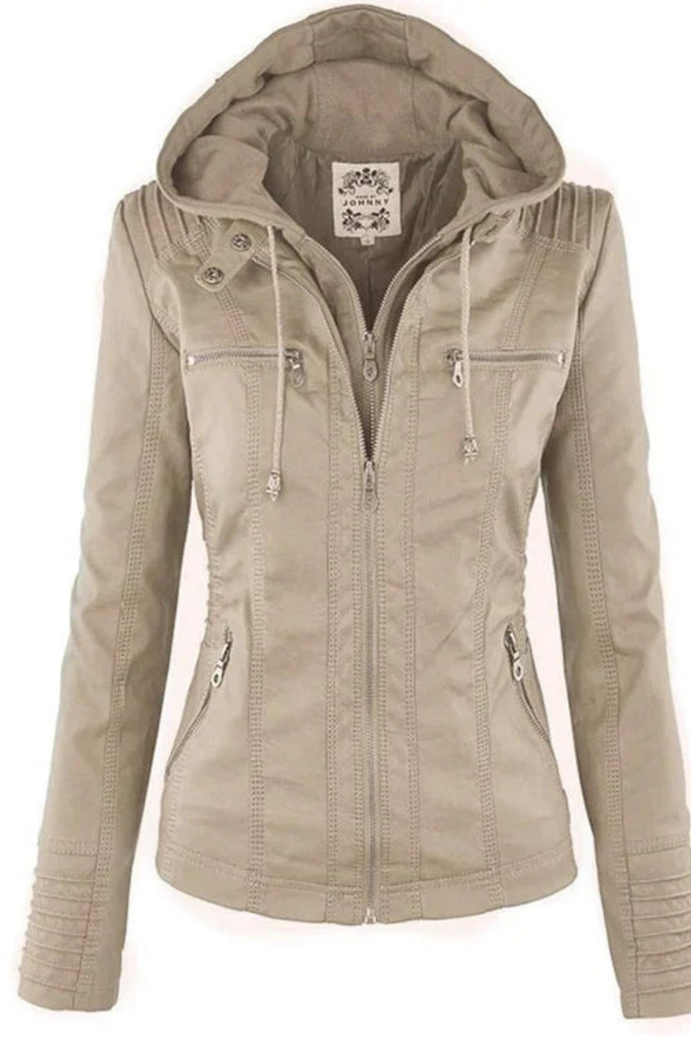 Eva Weather-Resistant Hooded Leather Jacket Beige